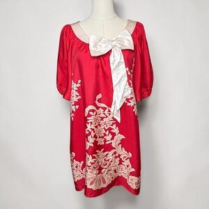 Voom 100% Silk Shift Mini Dress by Joy Han Pinup Balloon Sleeve Red Floral Small